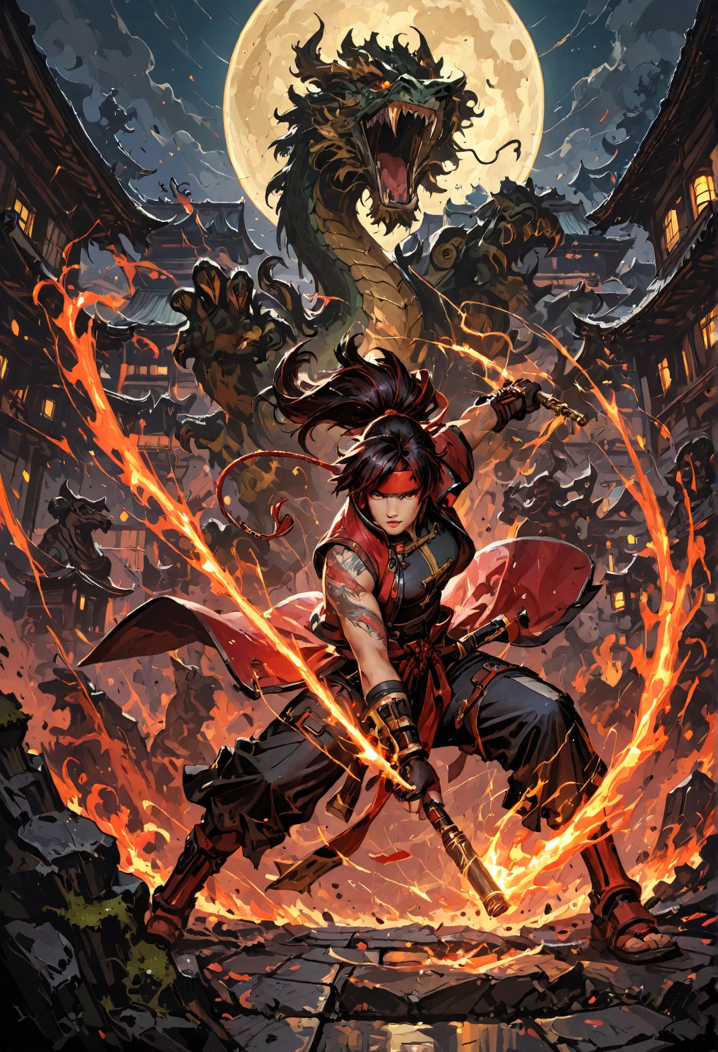 Epic anime-style battle scene set in an ancient, mist-covered Asian temple courtyard under a full moon. The temple is partially ruined, with broken dragon statues, moss-covered stone tiles, and flickering lanterns casting golden light. Sol Badguy stands on the left, wielding his blazing fire sword in a dramatic pose, flames and red energy bursting from his blade. His red coat and headband whip in the wind, exaggerated action lines trailing his movement. On the right, Kim Wu leaps into the air, wielding glowing nunchakus with pink and purple magical energy swirling around her. Her expression is confident and fierce, contrasting with the dark and mysterious setting. Both characters are turned sideways toward the viewer, locked in combat. Cherry blossom petals and embers swirl in the air. Full color, bold anime shading, glowing effects, intense action, dramatic lighting, cinematic framing.