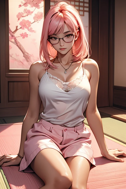 masterpiece, absurdres, sakura\(boruto\), 1girl, solo,mature female, gothic purple bra lenjerie, detailed gothic purple thong lenjerie, using skirt, open shirt, open clothes), perfect composition, detailed lips, breast, beautiful face, body propotion, blush, (pink lips), short hair, green eyes, soft gaze, super realistic, detailed, photoshoot, realistic face and body, thighhighs, full body, erotic pose, provocative pose, waiting sex pose