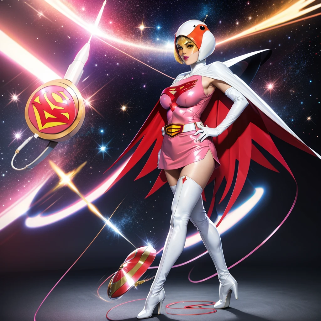 ANI_CLASSIC_jun_gatchaman_ownwaifu,1girl, 15yo,good anatomy, masterpiece, best quality,realistic, hyperrealistic, 16k hdr, long hair,breasts,green eyes,lips,large breasts,lipstick,makeup,gloves,cape,helmet,belt,elbow gloves,white gloves,mask,ultra miniskirt,leotard,spacesuit,white tight overknee highheels boots,pink dress,superhero,bodysuit,cleavage,erected nipples,(sexy pose,view from below),(spread legs:1.1),cameltoe