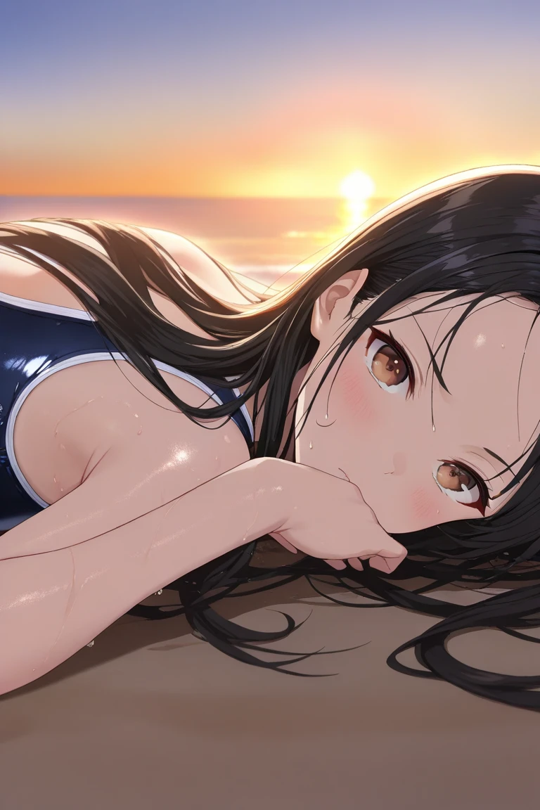アニメ, brown girl straight hair with black bangs, corda, busty and butt, lying on the sand in a bikini, evening hoop earrings with ahegao