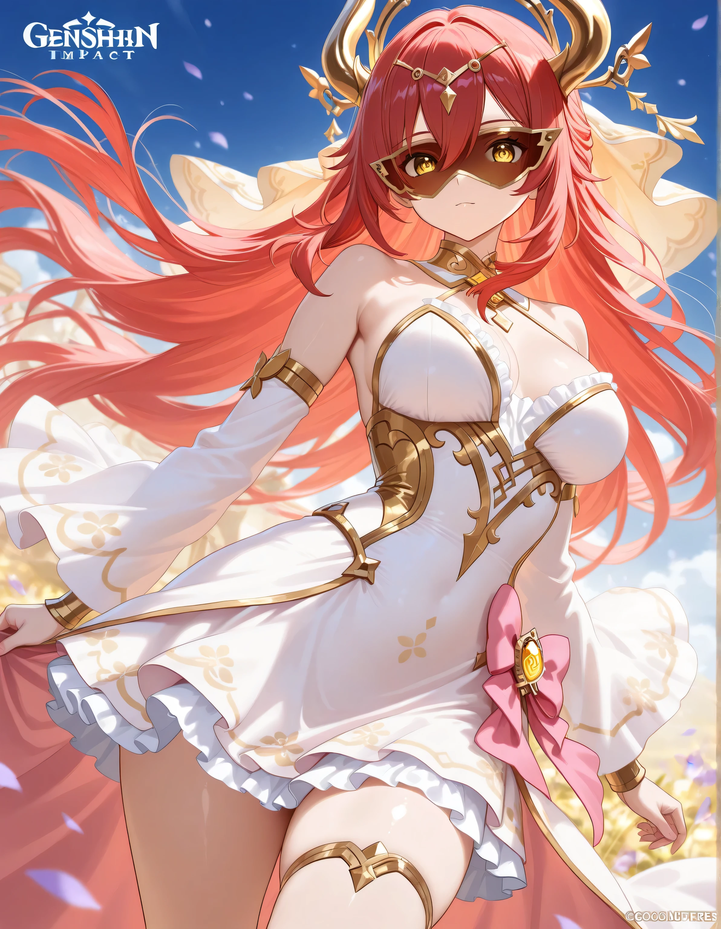 1 girl , golden eyes , very long hair , long sidelocks, red hair ,half updo, petite , very cute , beautiful ,Straight hair, cool, handsome, hair between eyes, sexy, female, medium large breasts, very cute, curvy,  flowing  hair, adorned with golden hair ornaments and small antler-like horns, wearing an elegant, fantasy-inspired dress in shades of soft pink, lavender, white, and gold. The dress features wide, flowing sleeves decorated with golden trims and floral details near the wrists. Her bodice is heart-shaped with a shiny golden outline and a large pink bow at the collar. The skirt has multiple layers, including a frilly white petticoat and ornate golden patterns. alternative clothes, background with strawberries, dynamic pose, genshin impact, splash art, Genshin style
