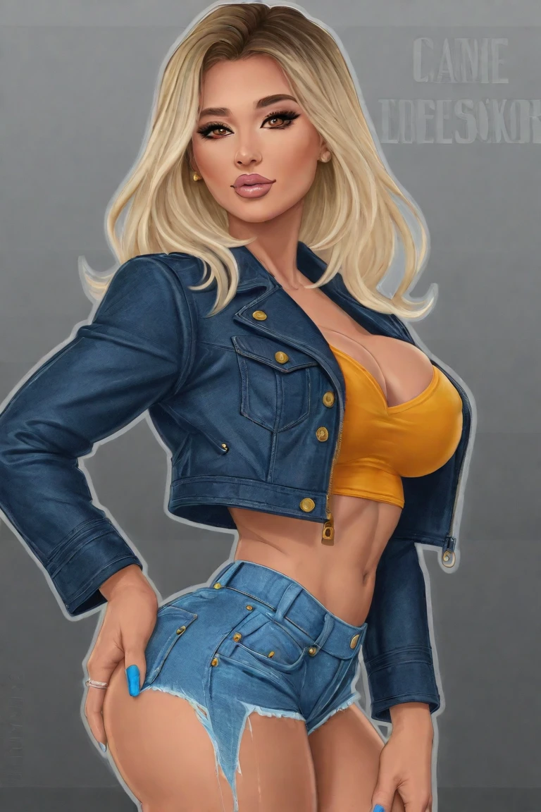 Create a hyper-realistic, vibrant image of a stunning woman with long, flowing blonde hair, standing confidently on a brightly lit concert stage. Hourglass figure, athletic build, smiling excitingly. She is wearing a shiny, form-fitting bodysuit that accentuates her curves, with a metallic blue top and shimmering gold pants. The bodysuit features a deep V-cut neckline open all the way down to her belly button, highlighting her ample cleavage. Her makeup is glamorous with a focus on her eyes and lips, enhancing her overall allure. She is accessorized with futuristic bracelets and a choker that match her outfit. The background is a dynamic concert scene with an audience, a large stage with pink and purple lights, and beams of light cutting through the evening sky. The overall atmosphere is energetic and celebratory, capturing the excitement of a live performance. Distant full body view, ultra realistic photo, 16k, vibrant colors