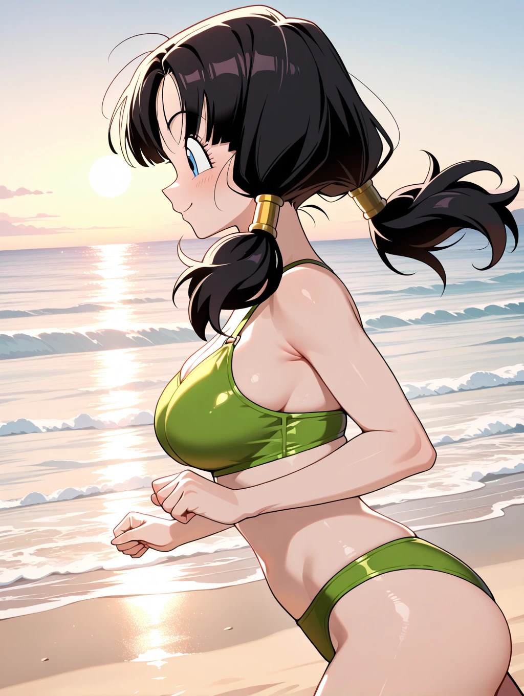kyedae, masterpiece, best quality, 1girl, bratty, solo, armpits, flat breasts, pakistani, torn clothes, SUNGLASSES, black hair, dark brown skin, toned, no strap top, collarbone, purple swimsuit, onepiece swimsuit, smirk, earrings, thigh, armpit, left arm slightly raised, right arm on hip, choker, looking down at camera, dominant, green eyes, shades, green hair highlights, bob hairstyle, full body, no straps, beach, visible nipples