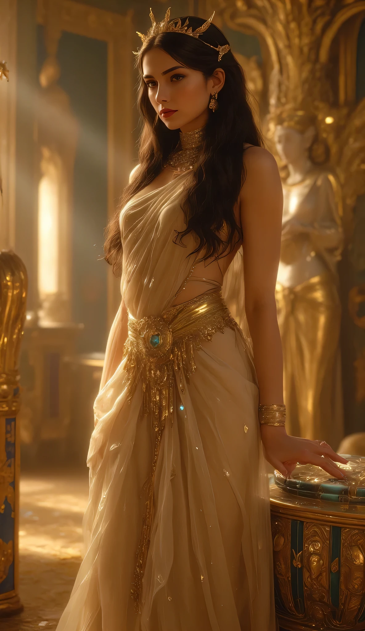 . gold jewelry. Princess, one-piece suit, hyperrealism, realistic, 8 k, Soft light, cinematic, hyper realistic, Low contrast film, 4k, 8 k resolution, Shine, Dreamy, bizarre
