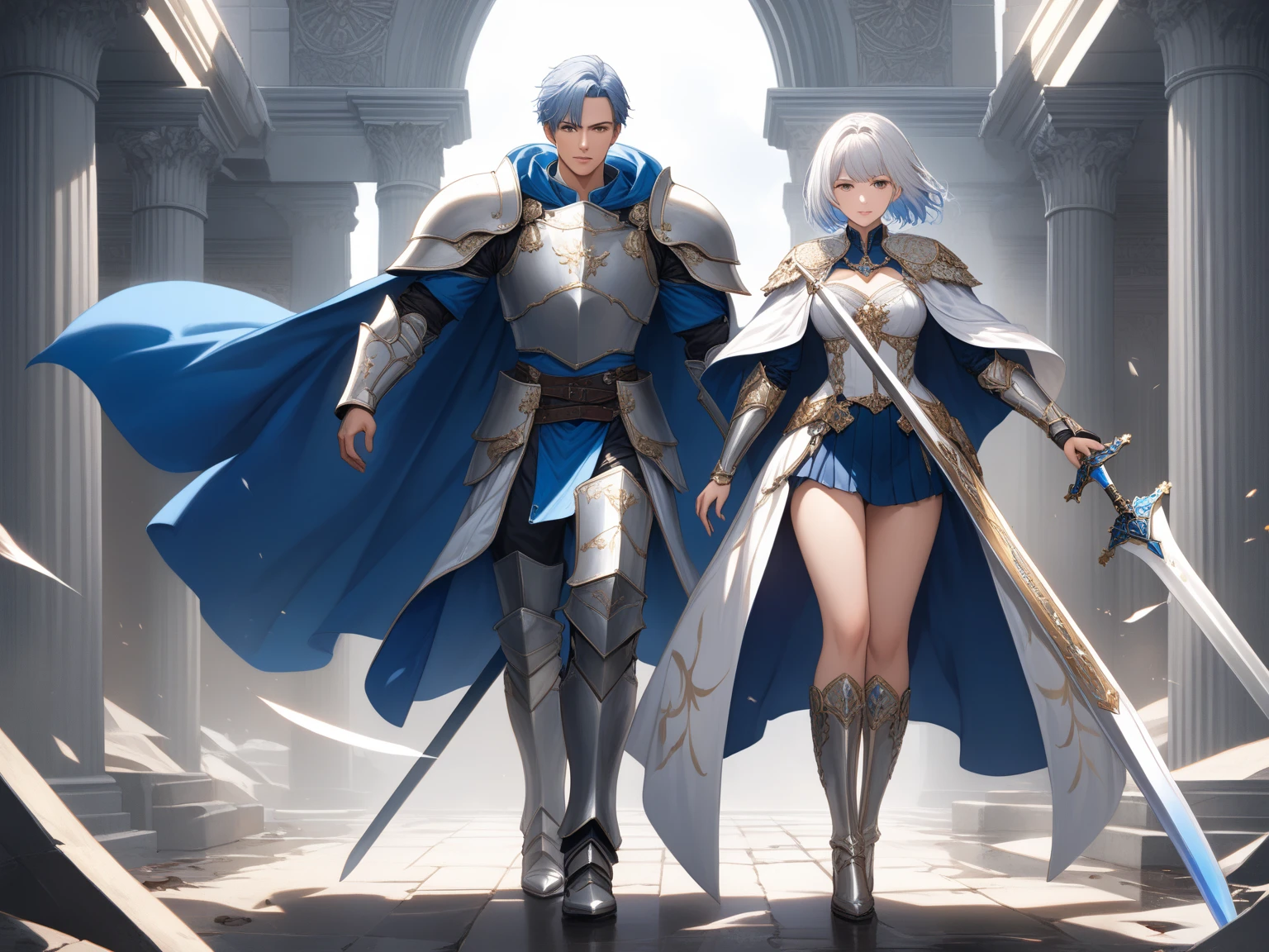 ((masterpiece, best quality)), (1male), ((muscular male)), ((wearing armour)), ((wearing the sword)), blue hair, white hair, boots, standing, outdoor, country lanes, adventurers, breastplate