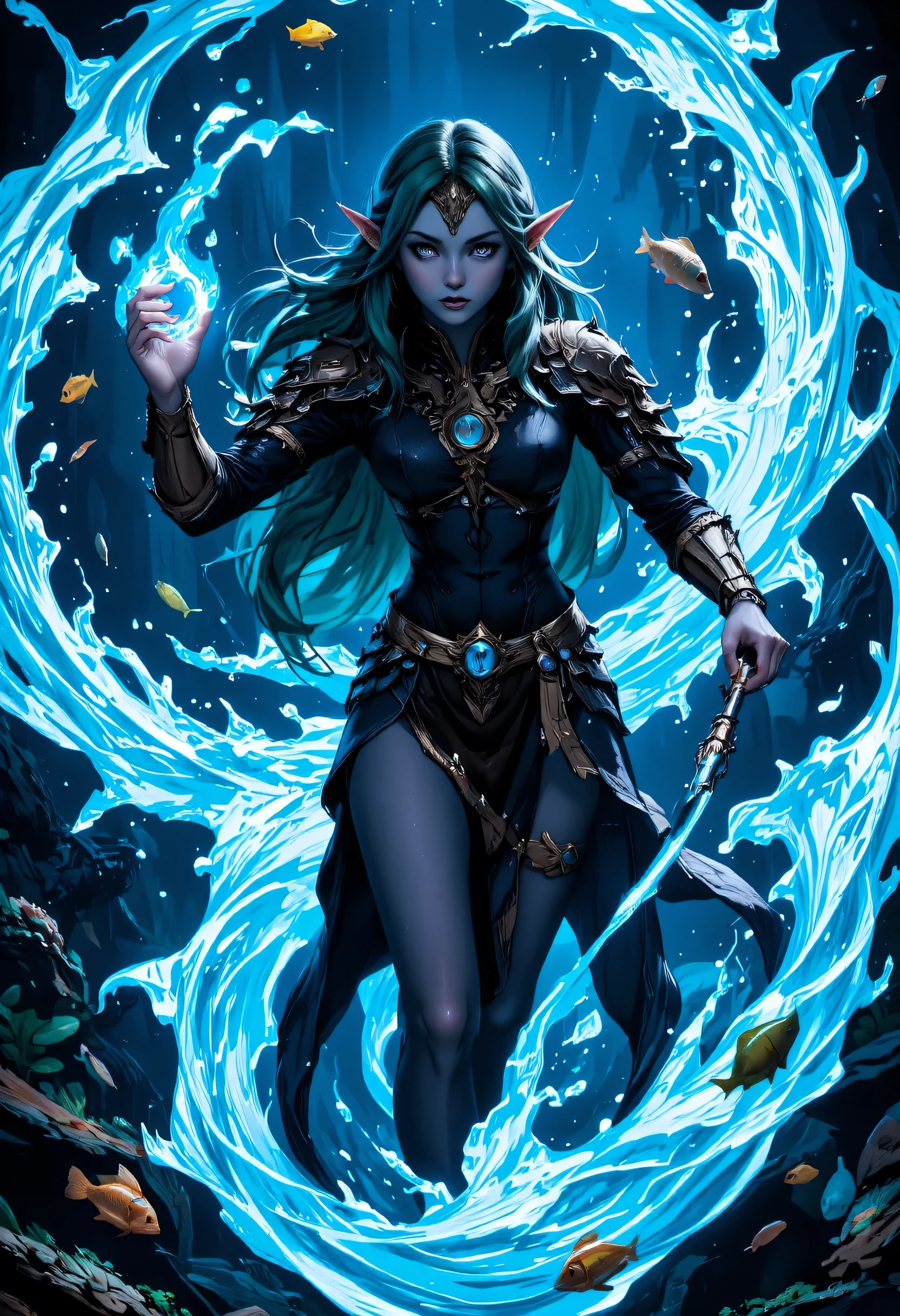  a picture of a sea elf, a water mage casting ((water control spell)), water wizard ((water magic, intense magic details)), controlling a swirling mass of water, magical symbols, female sea elf, blue skin, green hair, long hair, swirling hair, intense eyes, small pointed ears,blue eyes, glowing eyes, armed with magical wand, wearing sea shell clothing, beautiful elf, underwater background, rich underwater life, magical atmosphere, fish and sea weeds high details, best quality, 16k, [ultra detailed], masterpiece, best quality, (extremely detailed), dynamic angle, ultra wide shot, RAW, photorealistic, fantasy art, dnd art, rpg art, realistic art,, high details, best quality, highres, ultra wide angle, zavy-ctcmcs, w1n, hyp3rd3tail style,