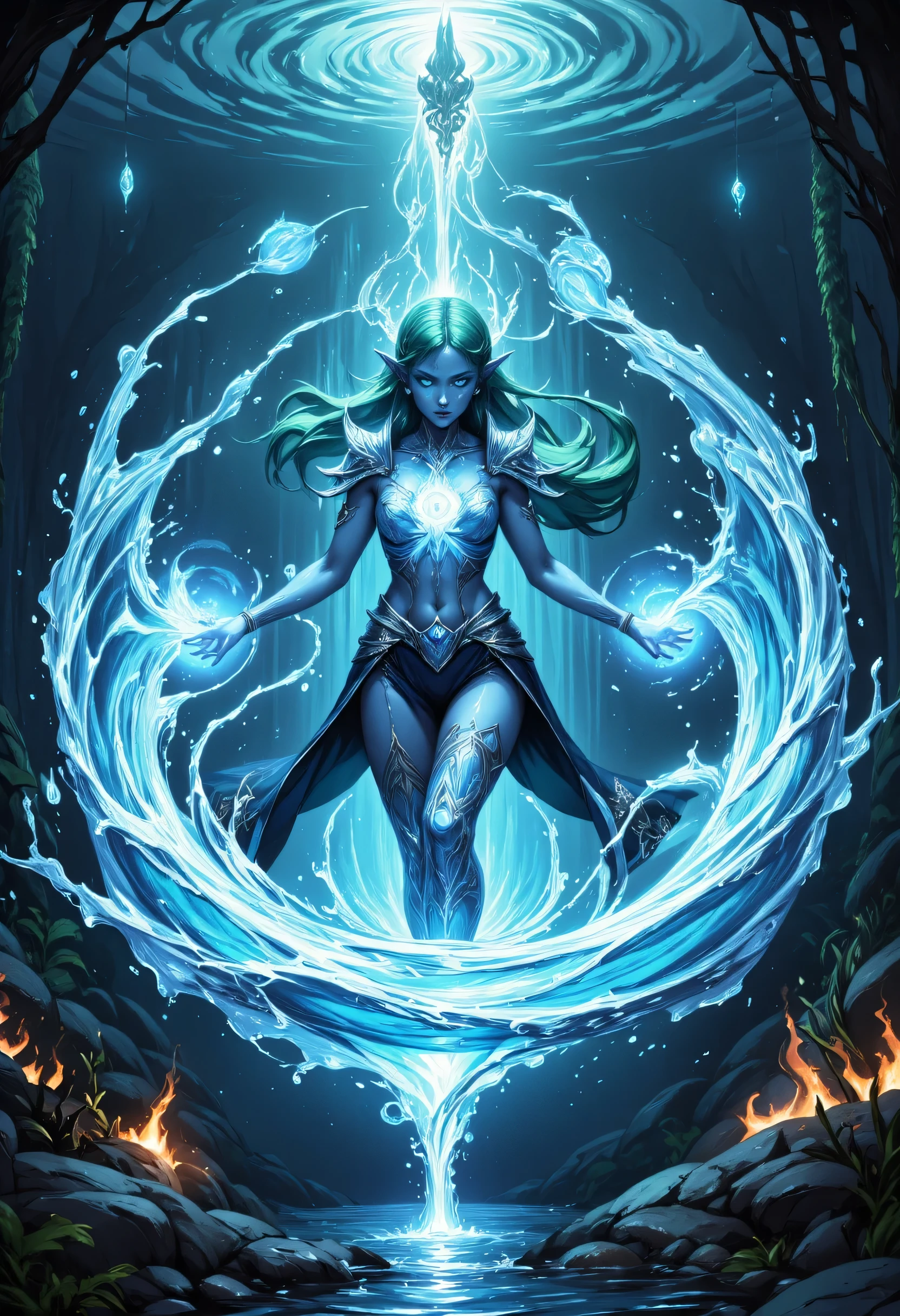  a picture of a sea elf, a water mage casting ((water control spell)), water wizard ((water magic, intense magic details)), controlling a swirling mass of water, magical symbols, female sea elf, blue skin, green hair, long hair, swirling hair, intense eyes, small pointed ears,blue eyes, glowing eyes, armed with magical wand, wearing sea shell clothing, beautiful elf, underwater background, rich underwater life, magical atmosphere, fish and sea weeds high details, best quality, 16k, [ultra detailed], masterpiece, best quality, (extremely detailed), dynamic angle, ultra wide shot, RAW, photorealistic, fantasy art, dnd art, rpg art, realistic art,, high details, best quality, highres, ultra wide angle, zavy-ctcmcs, w1n, hyp3rd3tail style,