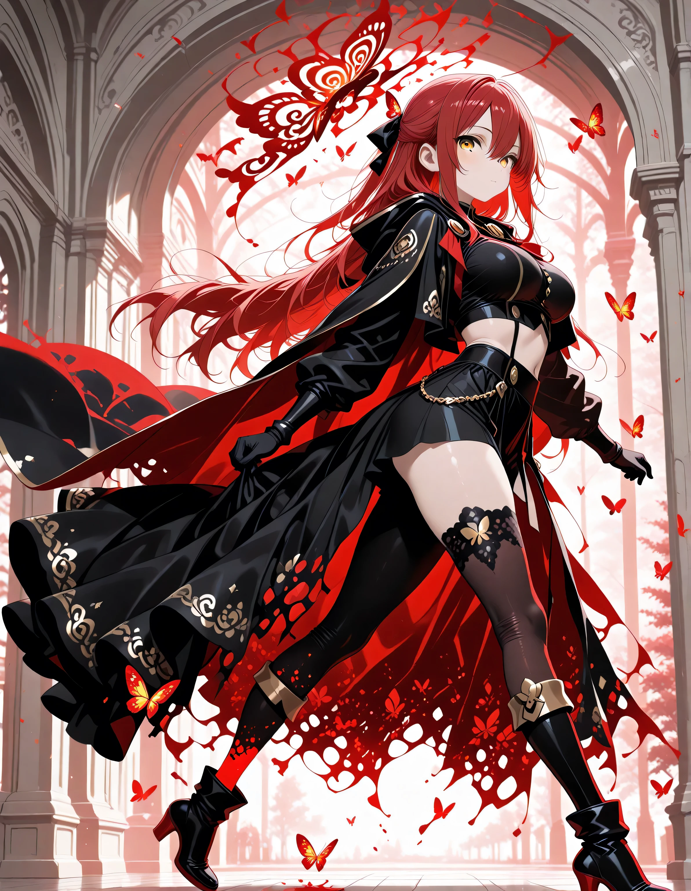 Masterpiece, Best Quality, High Definition, YM1, Gothic Lolita, Black Hair, Twin Tails, Big, Mini Skirt, Tailed, Malevolent Smile, Malicious Expression, Big, Big, Looking Down, Cleavage, Mine Makeup, Graveyard, Silly Smile, Abs, Red Hair, Sharp Pupils, (View Viewer: 1.2), Black Mine Fashion, Dynamic Pose, (Thick Tail), Two Horns , A large number of skeletons, bones, a terrible aura, demon king, (large black feathers from the back), demon wings, demon tribe, red moon, aura of flame, clothed in flames, long spear