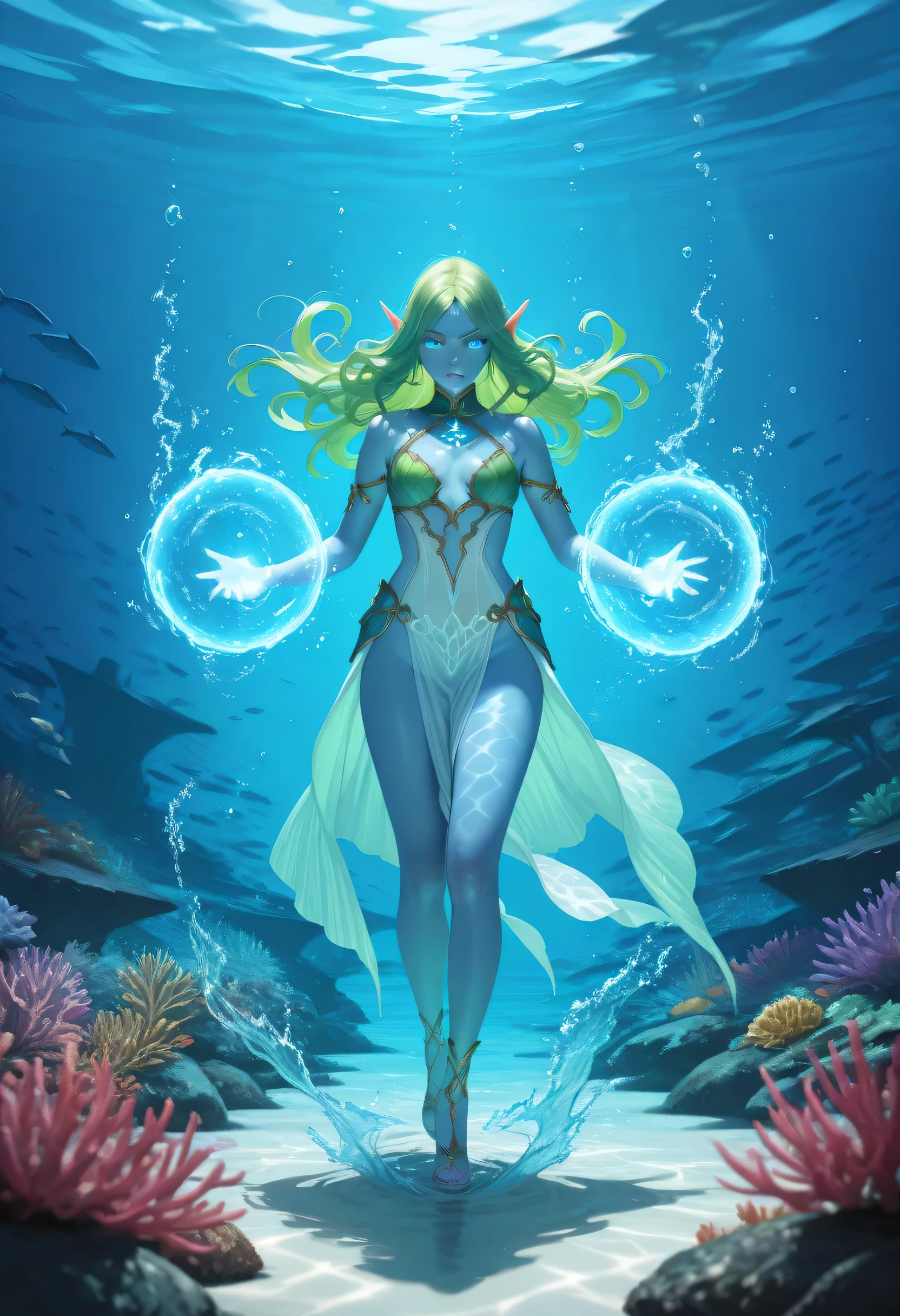  a picture of a sea elf, a water mage casting ((water control spell)), water wizard ((water magic, intense magic details)), controlling a swirling mass of water, magical symbols, female sea elf, blue skin, green hair, long hair, swirling hair, intense eyes, small pointed ears,blue eyes, glowing eyes, armed with magical wand, wearing sea shell clothing, beautiful elf, underwater background, rich underwater life, magical atmosphere, fish and sea weeds high details, best quality, 16k, [ultra detailed], masterpiece, best quality, (extremely detailed), dynamic angle, ultra wide shot, RAW, photorealistic, fantasy art, dnd art, rpg art, realistic art,, high details, best quality, highres, ultra wide angle, 