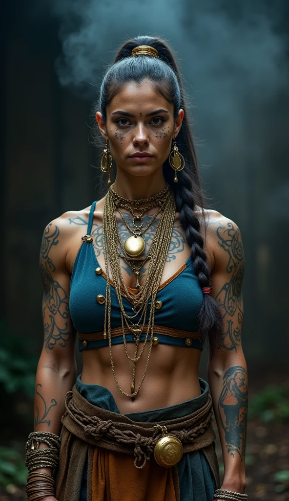 A close up of a woman with intricate facial tattoos and flowing hair, technoviking female with no shirt, with rune tattoos on her face, djinn human hybrid, norse goddess, picture of an adult female warrior, asgardian, muscular character, as a character in Tekken, inspired by Li Gonglin, inspired by Li Kan, avatar image, viking goddess