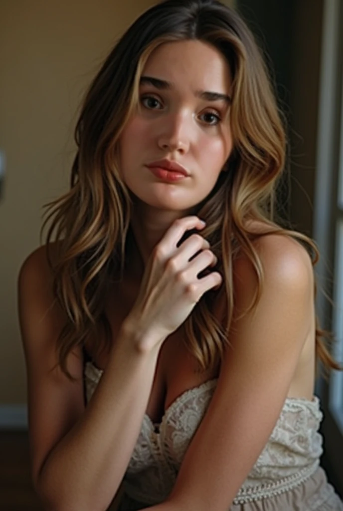 ((best quality)), ((masterpiece)), (detailed), perfect face realistic photo of beautiful woman with long dark brown hair, Russian, influencer, light freckles, dark brown eyes, big lips, no makeup, insagram, a black and white photo of a woman in a dress, a black and white photo, tumblr, corset, mario testino, beautiful morning, in white clothes, beautifully soft lit, decolletage, old timey, gentleman, beautifull, adorable, i_5589.jpeg, revealing clothes, belle, sheer, big!!!!!!!!!!!!