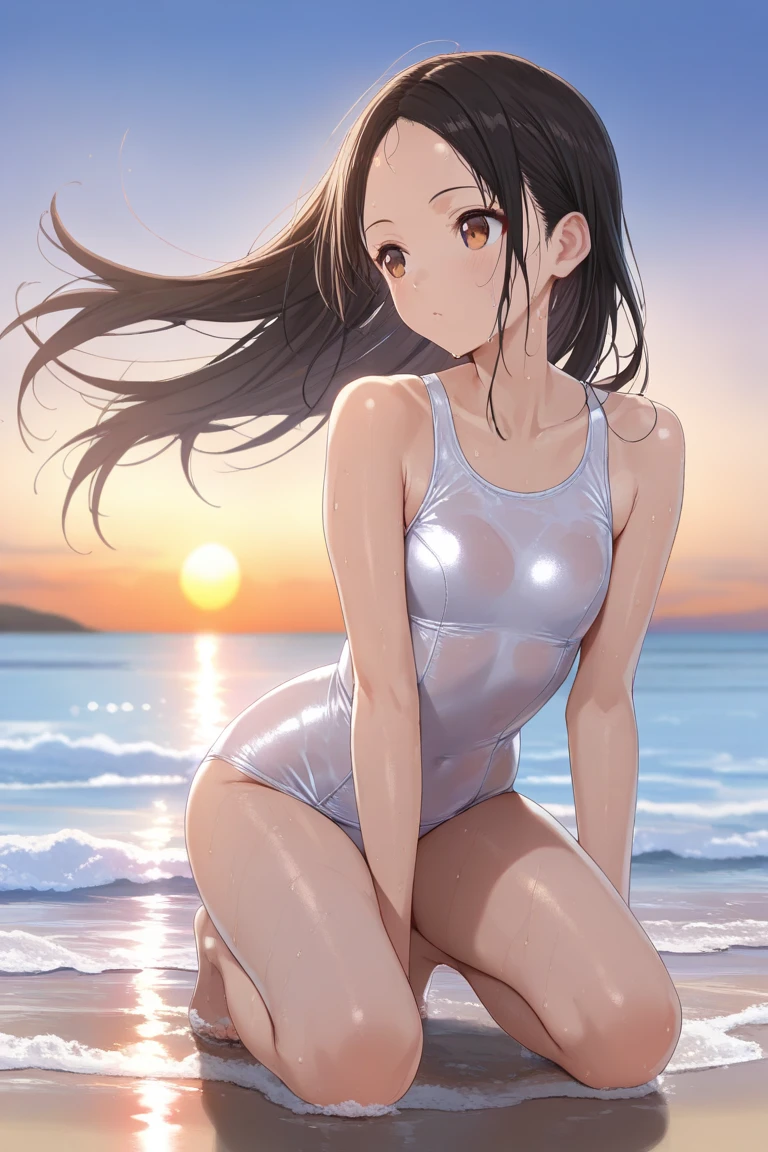 ((Metallic one-piece_swimsuits, lying on the water and floating, Mediterranean Sea)), skindentation, skinny, solo, 1 woman, Masterpiece, highest quality, highest quality, 16K, incredibly absurd, highly detailed, 2.5D, ai-generated, delicate and dynamic, very delicate facial expressions, delicate eye depiction, erotic, only sexy woman, healthy figure, 25-year-old woman, bride, 160cm tall, medium firm swaying bust, (dark hair), black eye, blush, Sweat,Embarrassed,sexy, ((thin thighs)), (Erect nipples:0.9), (visible nipples:0.9), (camel toe:0.8), ((shiny and lustrous)), facing straight at viewer, ((brown_skin:1.5)), ((Oily_skin)), sweaty skin, wet skin, dutch angle, sexy pose,lying,