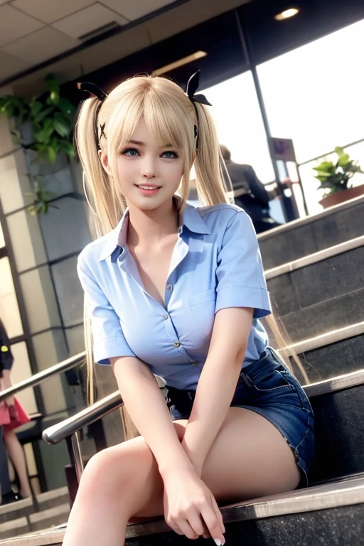 (blond hair)+++, (perfect female body, narrow waist)+++, (big breasts)+, long legs, dark pantyhose+++(blue eyes, twin ponytails+++, very long hair)+++, choker, looking at viewer, (Tight denim Micro skirt)+++, Thin white top+++ <lora:PerfectBreastsV4-offset:0.8> <lora:hipoly_3dcg_v7-epoch:0.8> <lora:MeganFoxDoguV3:0.9> <lora:xl_yamer_style-3.0:0.8> yamer style