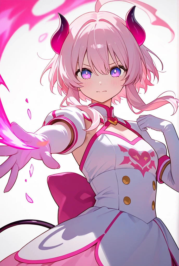 Cute girl, short white hair, pink eyes, white cat ears, white cat tail, cat collar, rosy cheeks, pink hair bow, big breasts, short skirt, white hair, white gloves, white hair