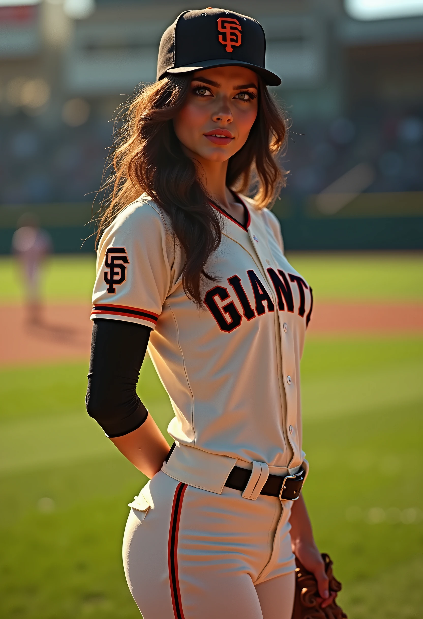 Full Body Portrait, Wavy Reddish Brunette instagram model from europe with beautiful bright shiny blue eyes, aged30, looking into the camera, Bright Lighting, attractive, full body picture, fotoshooting, She has a subtle smile and flirts with the camera with a hot dog in hand, Sexy pose. She wears a sexy Yankees uniform dress, and the Yankees Baseball field is in the background, Perfect anatomy, perfect hair, perfect breast, perfect body, perfect hands, perfect fingers, perfect finger length, perfect face, UHD, retina, masterpiece, accurate, anatomically correct, textured skin, super detail, high details, high quality, award winning, best quality, highres, 16k, 8k, 