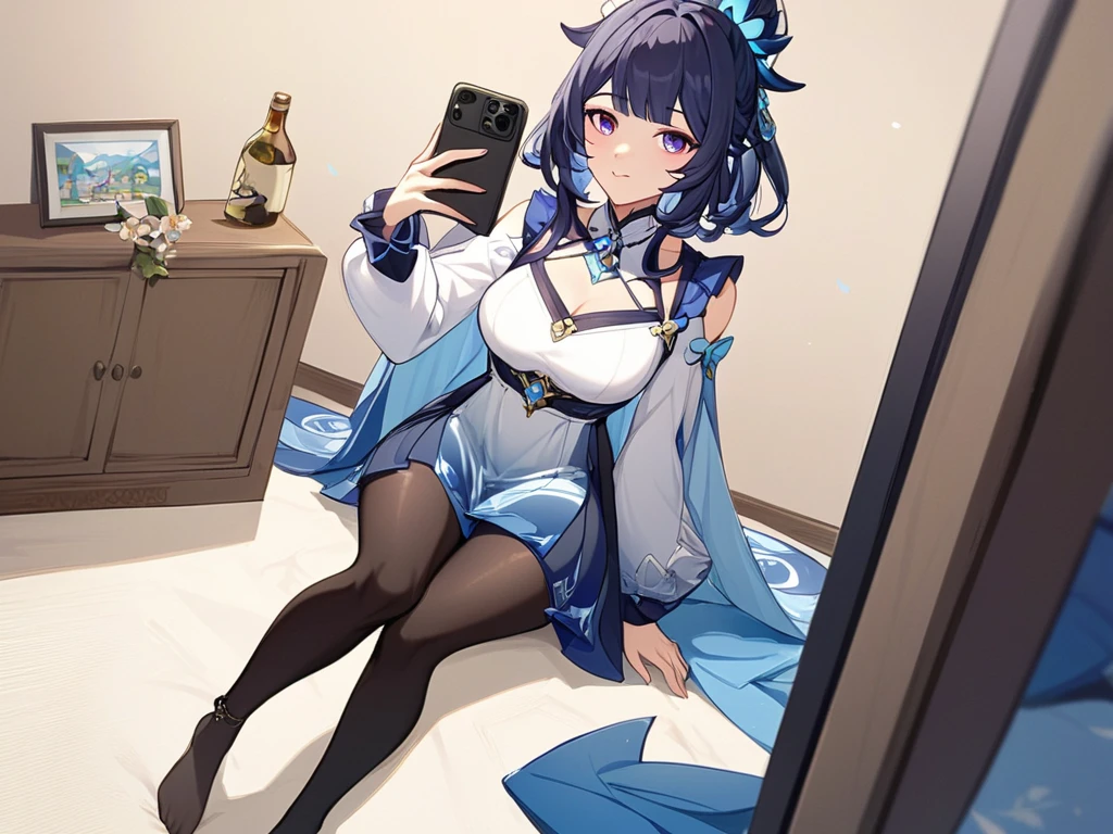 solo girl, in bed, blue sea hair and  yellow eyes, light shirt, anime visual of a cute girl, screenshot from the anime film, & her expression is solemn, in the anime film, in an anime, anime visual of a young woman, she has a cute expressive face, still from anime, big breast, red cheek, lustful face, fair skin