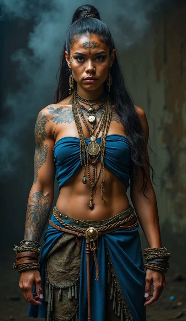 32k, extremely large and refined luminous eyes, intricate patterns, ultra realistic details, beautiful maori woman warrior, elaborate long braided hair, ornaments in hair, floating, windy, messy hair, tribal maori dress, tribal tattoos on arms, legs, face, very detailed, difficult, masterpiece, high quality, detailed cores, tasmanian jungle, shafts of light through canopy, breathtaking beauty, pure perfection, divine cinematographic, full body shot,