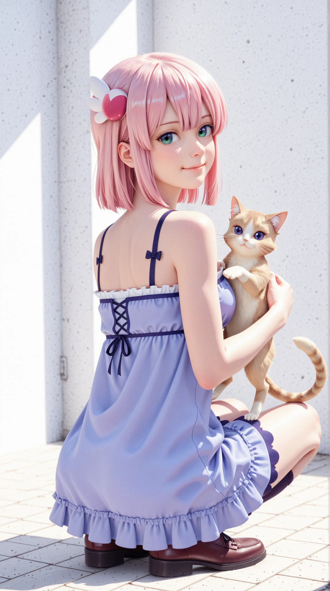 masterpiece、best quality、vivid、very aesthetic、high contrast、Realistic Portraits、8K, Detailed Faces、detailed texture、detailed skin、detailed eyes、looking back, looking at viewer, full body, soro, Girl holding a kitten, angly,smile, 1girl, chiyoda momo, machikado mazoku