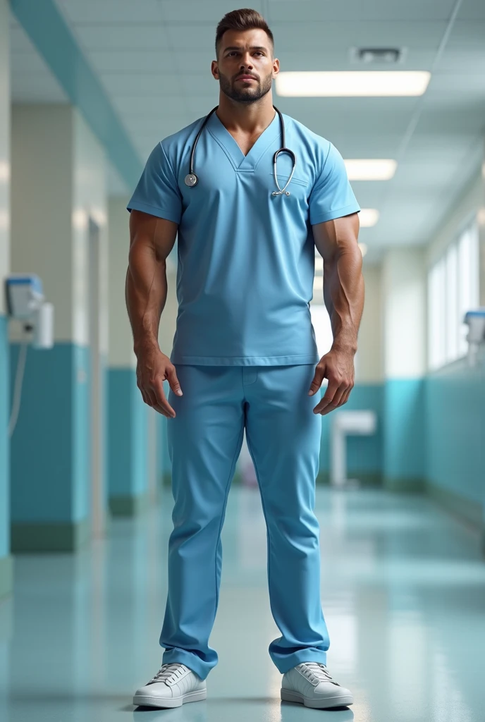 realistic, masterpiece, best quality, detailed, natural lighting, soft shadow, detailed background, photography, depth of field, intricate details, detailed face, subsurface scattering, realistic eyes, muscular, photo of a handsome (korean man), sexydoctor, ((scrubs)), (30 years old), beard, gloves, surgical mask,
