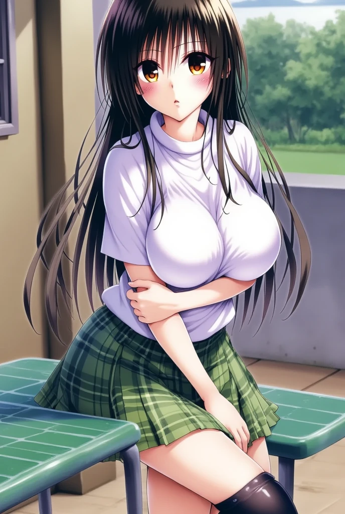 masterpiece, best quality, very aesthetic, absurdres, 1girl, mature_lady, ,kanu_unchou(ikkitousen), antenna_hair, black_hair, blue_eyes, hair_over_one_eye, long_hair, low-tied_long_hair, large_breasts, midriff, tan, underboob,,sainan_high_school_uniform, school_uniform, shirt, skirt, tail, tail_fondling, thighhighs, white_shirt, black_thighhighs,,on stage,glowing stardust frontground,fantasy,sparkling,fireflies,covered_pussy