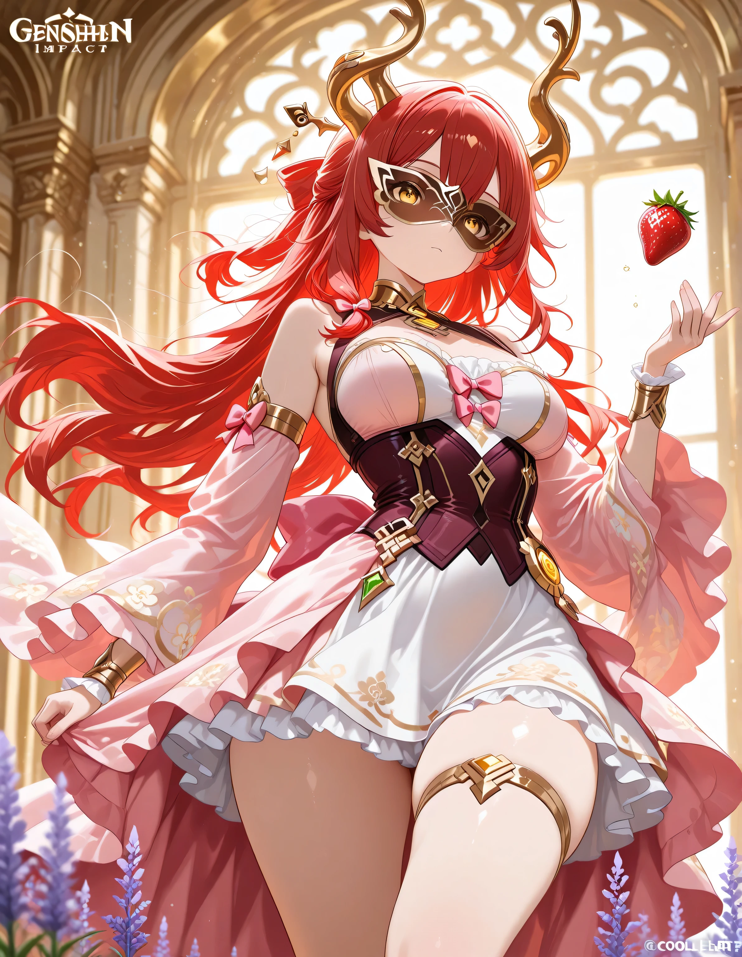 1 girl , golden eyes , very long hair , long sidelocks, red hair ,half updo, petite , very cute , beautiful ,Straight hair, cool, handsome, hair between eyes, sexy, female, medium large breasts, very cute, curvy, flowing hair, adorned with golden hair ornaments and small antler-like horns, wearing an elegant, fantasy-inspired dress in shades of soft pink, lavender, white, and gold. The dress features wide, flowing sleeves decorated with golden trims and floral details near the wrists. Her bodice is heart-shaped with a shiny golden outline and a large pink bow at the collar. The skirt has multiple layers, including a frilly white petticoat and ornate golden patterns. alternative clothes, background with strawberries, dynamic pose, genshin impact, splash art, Genshin style