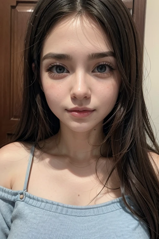 A beautiful girl of Mexican, Argentinian and British ethnicity, with freckles, unique and very beautiful blue eyes, and a mole next to her left eye, takes a naked selfie, while showing off her big breasts.