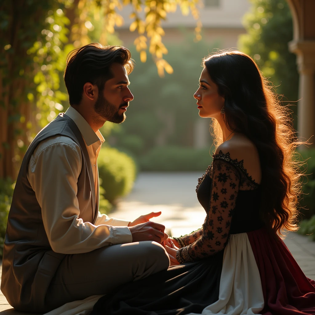 She gazed into his eyes, her heart pounding as she softly whispered, "Me tumse pyar karti hu." The world seemed to stand still, waiting for his response.