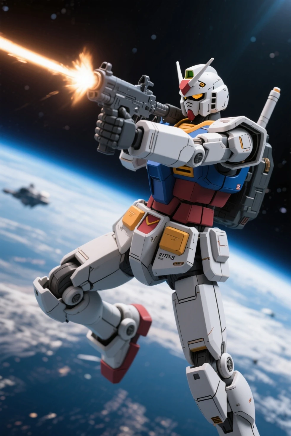 High Quality, Hyper Details、of cosmic space、gravityless space、During combat、is holding a single beam rifle with both hands behind Zak、Gundam、ＲＸ７８－２、　I'm twisting my upper body and shooting a beam rifle、