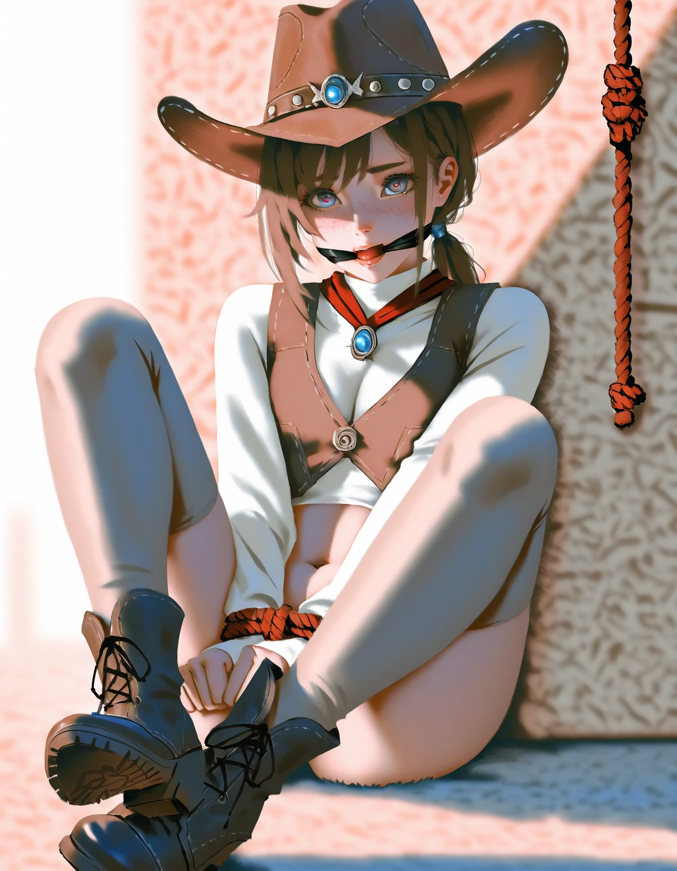(((NSFW:1.6))),((Nude:1.6)))(((1 person:2.0))),(((naked:1.2))),(((Brown gun belt with holster:1.8))),((Brown cowboy hat)),((Wear a metal watch on your wrist:1.8))),(((Showing cleavage))),(((Exposed thin inner thighs))),(((Small breasts:1.5))),(((nakedの腕))),(((Her hair is brown))),((Blushed:1.2)), Beautiful detailed girl, Very detailed目と顔, 緻密でBeautiful Eyes, Very detailed, High resolution, Highest quality, masterpiece, Very detailed, 8k wallpaper, wonderful, finely, Highest quality, The light shines on your face,,(Standing in front of a wooden wall),Beautiful Eyes,((Engage your audience:1.2)),,Above the knee shot,((Are standing:1.2)),((Place your right hand on your chest:1.2))