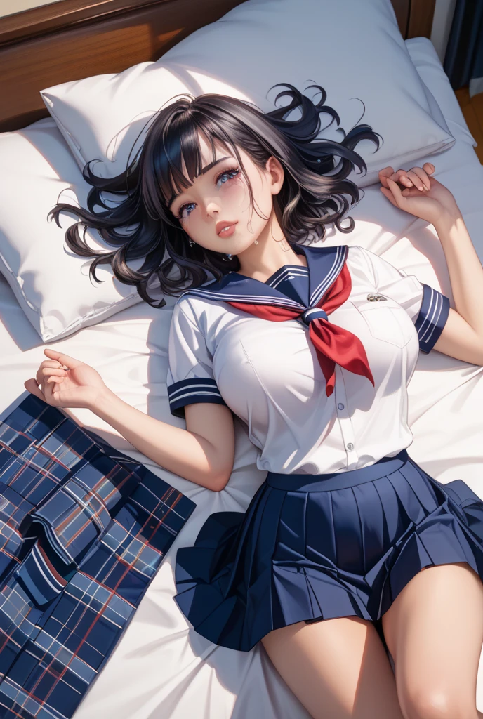 sailor school_uniform, absurdres, RAW photo, extremely delicate and beautiful, masterpiece, Best Quality, ultra high resolution, 32k, hyperrealistic, ultra-detailed, detailed description, pale skin, 20 years old, tearful mole, earring, Colossal tits, short medium hair, wavy hair, 
