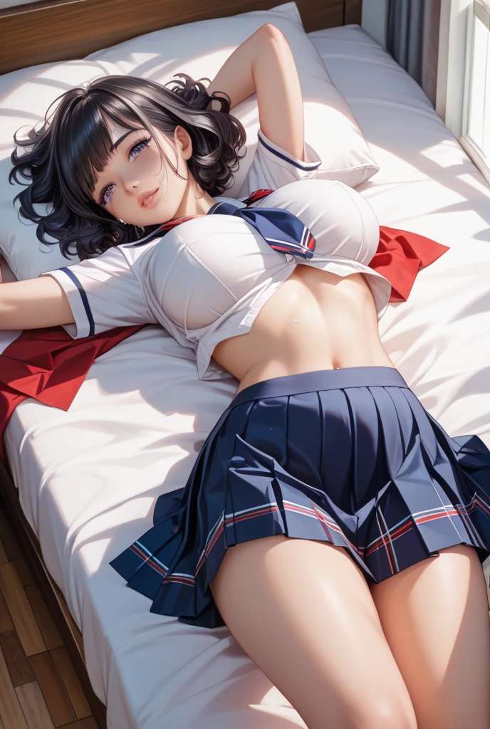 1 woman, HD quality, (solo:1.9), (ahegao:1.3), (orgasm:1.3), (drooling:1.3), smile, steam, (sheer white long thigh-high socks:1.5), (sheer white satin long gloves:1.3), (glowing eyes), best ratio four finger and one thumb, (Open legs:1.7), (Large breasts), cleavage, (sitting on a bed with one knee up:1.6), (Green eyes:1.3), (Crop Top white shirt:2.0), (Micro thong:1.5), (under boob:1.7), (Sailor uniform only for the upper body:1.5), (white short shirt), blue sailor collar, (Navel), (black high-heeled shoes:1.5), (red ribbon tie:1.1), semi-long hair