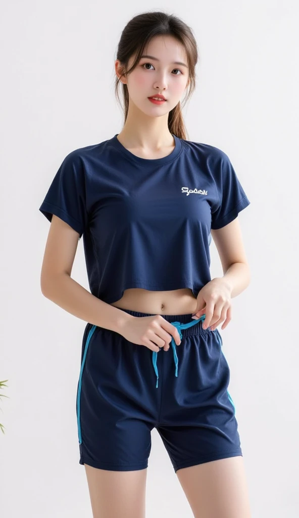 uma mulher com blusa cropped e legging posando para uma foto, camiseta azul justa, sports bra and dark blue shorts, corte superior, Bra and sports shirt, com camiseta rasgada, two piece workout clothes, roupas esportivas, roupas esportivas fofas, short shirt and strong abdomen, corte superior, roupas esportivas, usando um top cropped sexy, azul-marinho