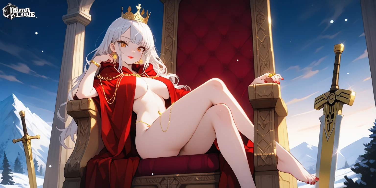 ((1 woman with penis, erect penis)),((with a cape on the back, with crown))),((medium breasts, bare breasts, erect breasts, grasping breasts)),((short white hair)), ((red eyes, calm face)),((sitting on a golden throne, sitting on his back, opening wide open in the shape of an m with an erect penis in the middle of his legs)),((in an evil haunted castle, at night )),((1 arm behind the back)),
