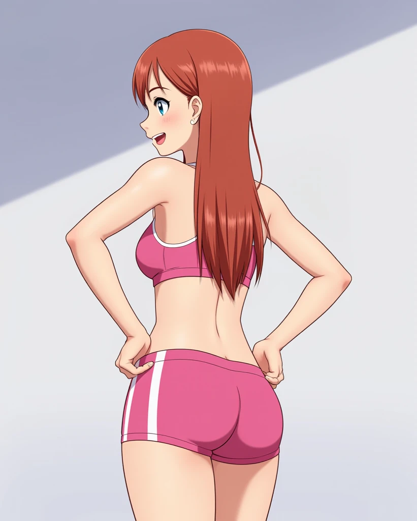 ohxw, star12, red hair, green eyes, ballerina outfit bare legs, ballet slippers, full body, dance studio, inside, cartoon, 2d, skirt lift, white panties, hands holding up skirt, underwear showing, upskirt view