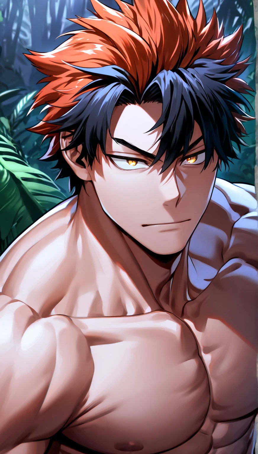 Big muscular man, short purple hair, black eye, no shirt, black pants and belt, aggressive tattoos, "Anime character design inspired by One Piece, full of dramatic and impressive lighting, focus on the centralized character, impressive face, full of creative details, ultra-fine 4K design, scenery bathed in creativity, boasting 2D anime resolution clarity, HD anime graphics, high-octane rendering"