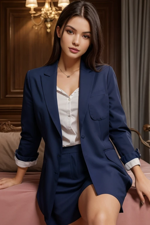  , blazer, blue neck ribbon, pleated skirt, black pantyhose, loafers. Knees on the bed.
