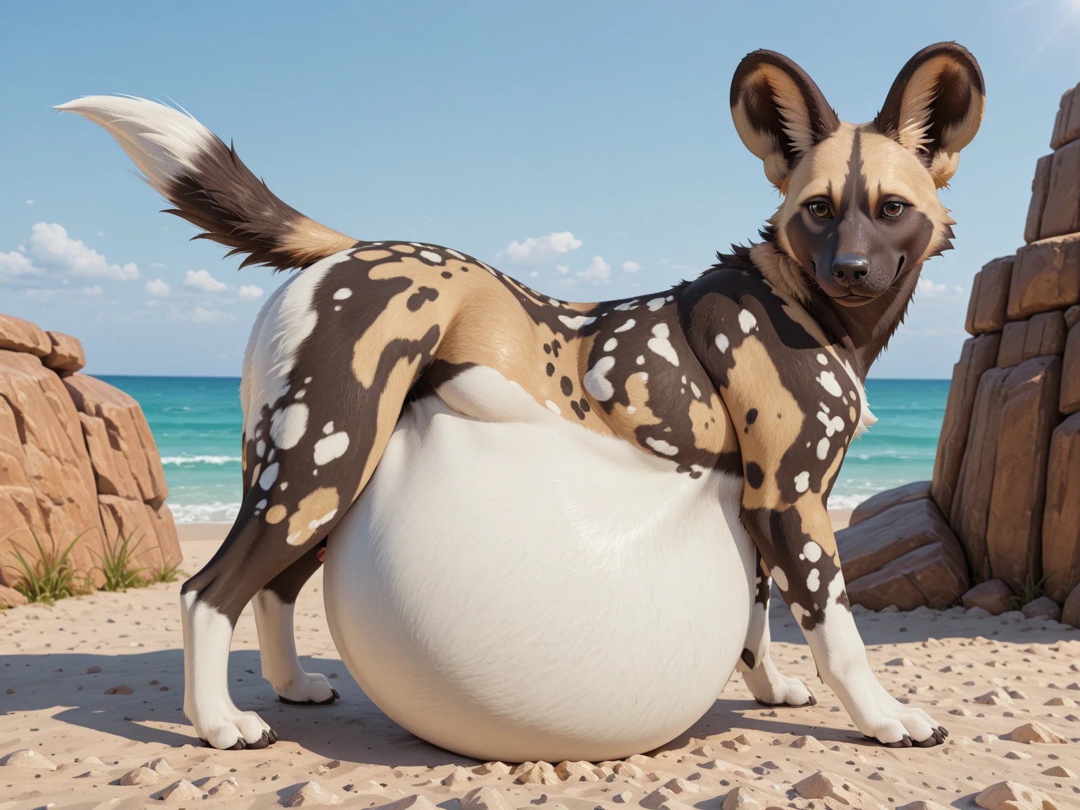 maned wolf taking sun bath at the beach, lying on his stomach, tail raised, naked, showing butt , presenting ass