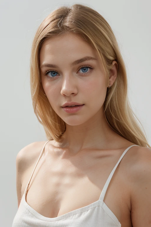 25 year old female, linda, blonde, blondie hair, long and smooth, slim, white, blue colored eyes, small and thin nose, thin lips, thin chin, sweet smile, light blue dress, a mole near the mouth above the lip