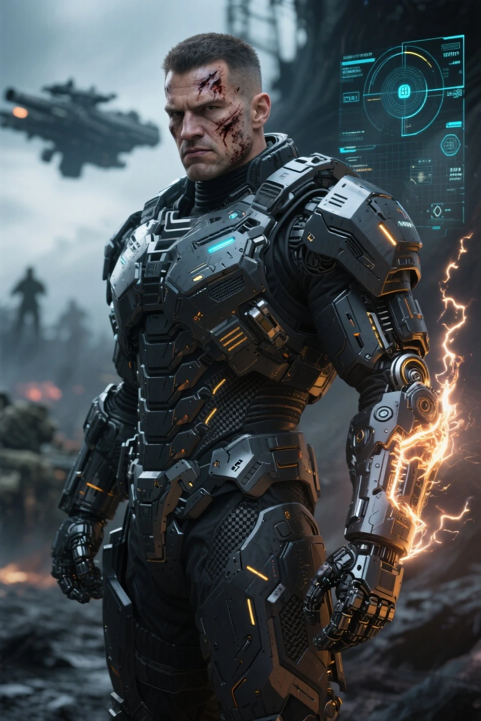 a handsome male, science fiction, cyberpunk, sci-fi, cybernetic ninja, cyborg, damaged armor, exposed chest, hairy chest, blood, wires out of body, damaged, depth of field, dof, cinematic lighting, bokeh
