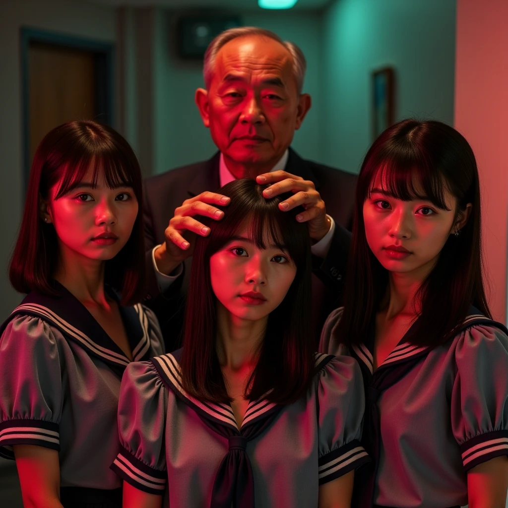 High Quality, realistic, very detailed, 4K, Beautiful Japanese High School Girls ,firm eyes, open your mouth, Big Breasts, Front teeth, medium hair, sailor suit, I put my hand on my head, sailor suit, background：elderly male teacher holding a woman's hip and clasping her hands on her head, Night Staff Room , red and green lighting, bokeh, studio lighting, Hot Colors, Emotional, detailed hands