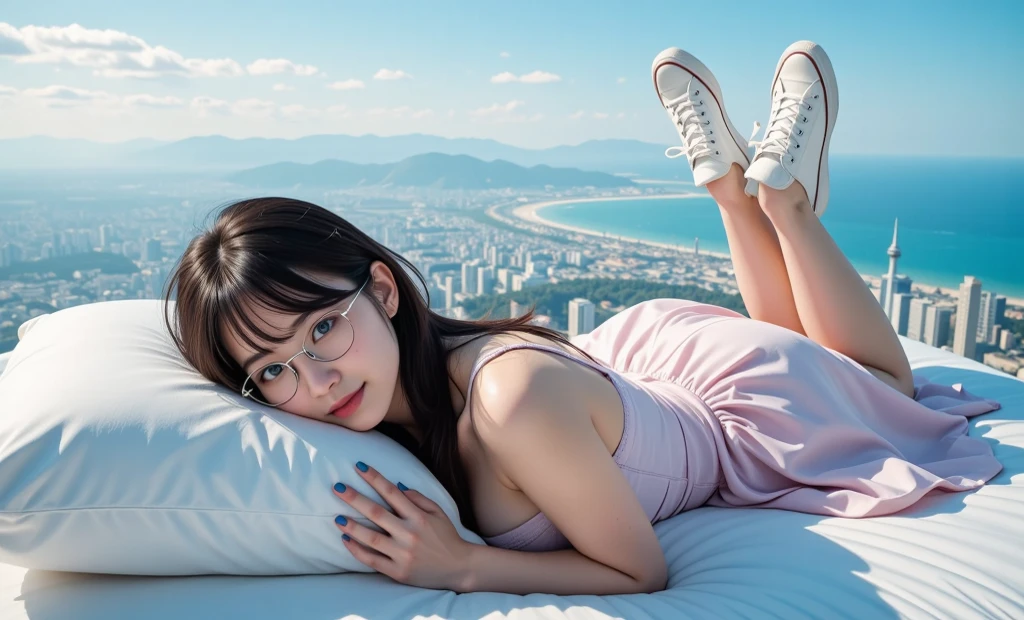 Create a cover image named "Everyday Chillout Mood Station" with a strong Miami vibe. The scene should be set during sunset, featuring a car driving along a Miami seaside road with palm trees lining the street. The sky should be a mix of warm sunset colors, blending into soft blue and pastel green tones. In the foreground, include a girl sitting and relaxing, reading a book while listening to music from a retro radio nearby. The background should feature a cozy study space and a vinyl record player to enhance the sense of relaxation and focus. The overall mood should be tranquil, inviting, and perfect for a chill Miami summer evening. The channel name "Everyday Chillout Mood Station" should be prominently displayed in a clean, modern font.