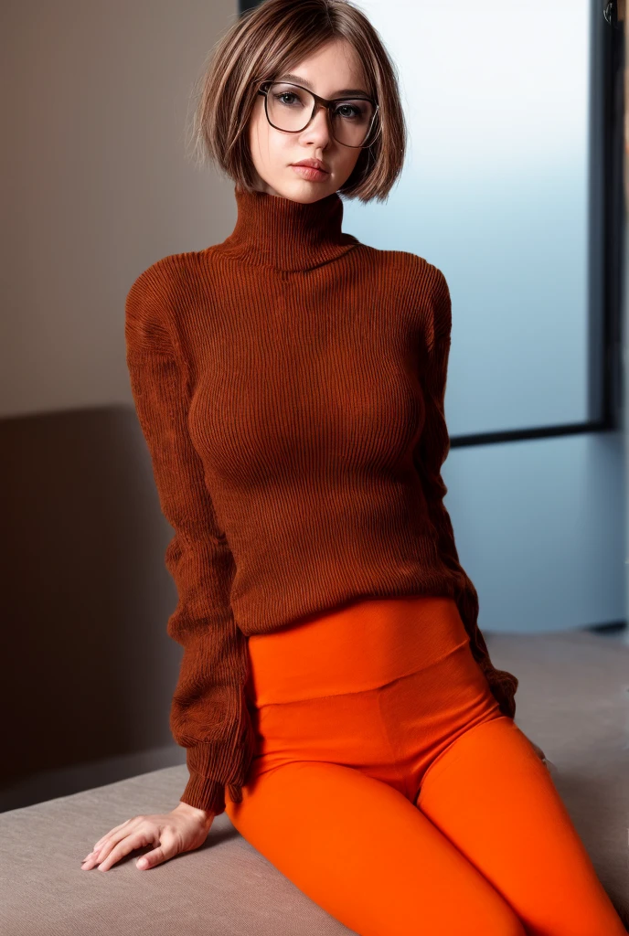Emma Stone as Velma from (Scooby Doo) with glasses, doing detective work, wearing an orange Turtleneck sweater, red flowy short skirt, orange long socks