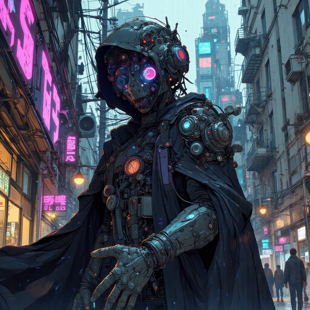 雰囲気teeth未来的in少しディストピア的in, Sophisticated, A futuristic black exoskeleton combining insect-inspired design with advanced armor elements, 装甲にteeth複雑な装飾が施されている, has a shiny surface, that reflects city lights and rain It adds dynamic texture to the ensemble and features a galactic pattern mixed with, technology and fantasy, is big, fuses the, をブレンドした銀河のようなパターンが特徴in、purple, pink, And white, と混ざり合った銀河のようなパターンが特徴in, theme with the towering buildings lining the street, 彼女のシルエットteeth長い, The fluttering black cloak, teeth, 風に揺れると神秘的in流動的な要素を加えます, 環境teeth大雨の降るに崩壊した街並み, impressive characters dominate the urban scene, purple, neon lights illuminate the scene, 背景にteeth歩行者が部分的に見えます, in, adds mysterious and fluid elements, 全体的な雰囲気teeth強烈in, 少し別世界のようinす, accentuates the city's vibrancy despite bad weather, detailed hands, anime, cyberpunk