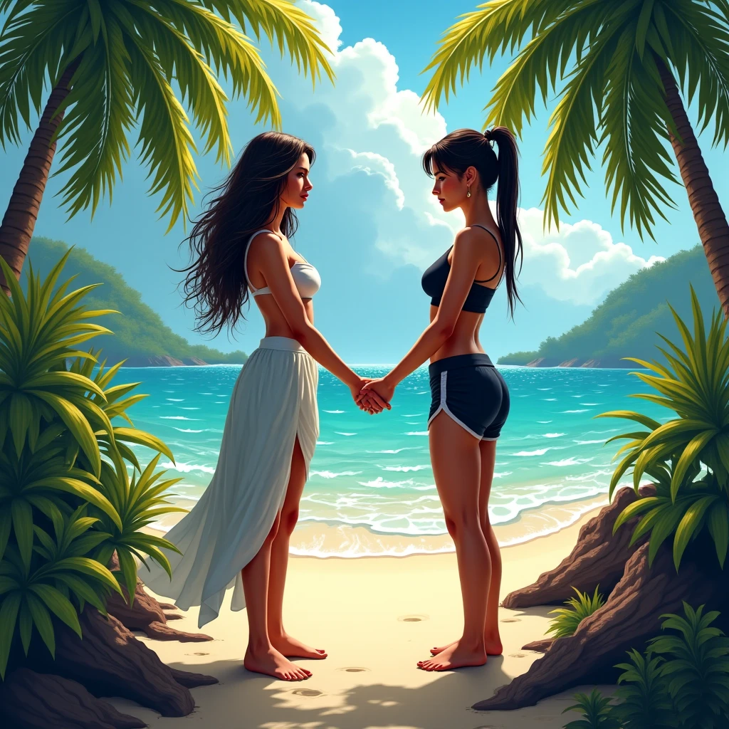 (best quality,4k,8k,highres,masterpiece:1.2),ultra-detailed,(realistic,photorealistic,photo-realistic:1.37),vibrant colors,soft lighting,glimmering water,a gentle breeze,beautiful sandy beach,2girls,kissing,tender moment,intimate connection,warm sunlight,romantic atmosphere,clear blue sky,flowing summer dresses,joyful smiles,gentle waves splashing,footprints in the sand,swaying palm trees,distant seagulls,playful seashells,emerald green seaweed,rays of sunlight piercing through the ocean surface,tranquil and peaceful setting,sparkling reflections on the water,beach umbrellas and towels scattered around,laughter and giggles in the air,pure bliss and happiness.