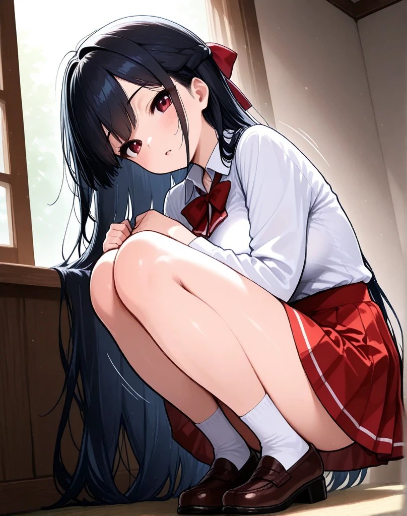 A -yeld hischool girl with long black hair and wearing a school uniform is squatting down with tears streaming down her face.