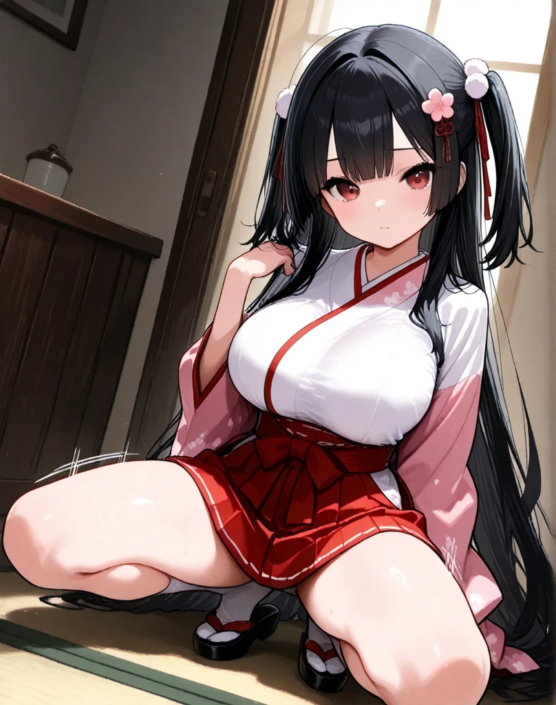 best quality,1girl,((big breasts:1.5)),((((loli,10 years old,,little girl:1.3)))),curvy,orgasm,ahegao,blush,blue eyes,black hair,long hair,((two side up:1.1)),((miko,red hakama,mini skirt,thighhighs:1.1)),lift skirt,upskirt,white panties,lace panties,((battoujutsu stance,weapon)),Japanese sword,shrine,shrine