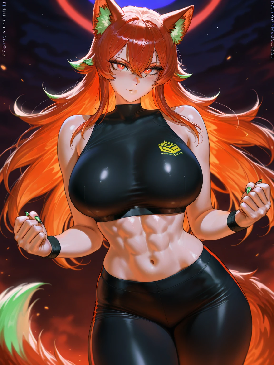 masterpiece, best quality, highres, zoo1,thin, narrow waist, green eyes, bangs, orange hair, very long hair, fox tail, dark skin, fox girl, tank top, green micro bikini, belt, forest, cowboy shot, flat stomach, huge breast, upper body, smile, pov, (blushes 1.5), strong orgasm, underboob,The genitals stick out through the clothes, big pussy in the shape of a peach