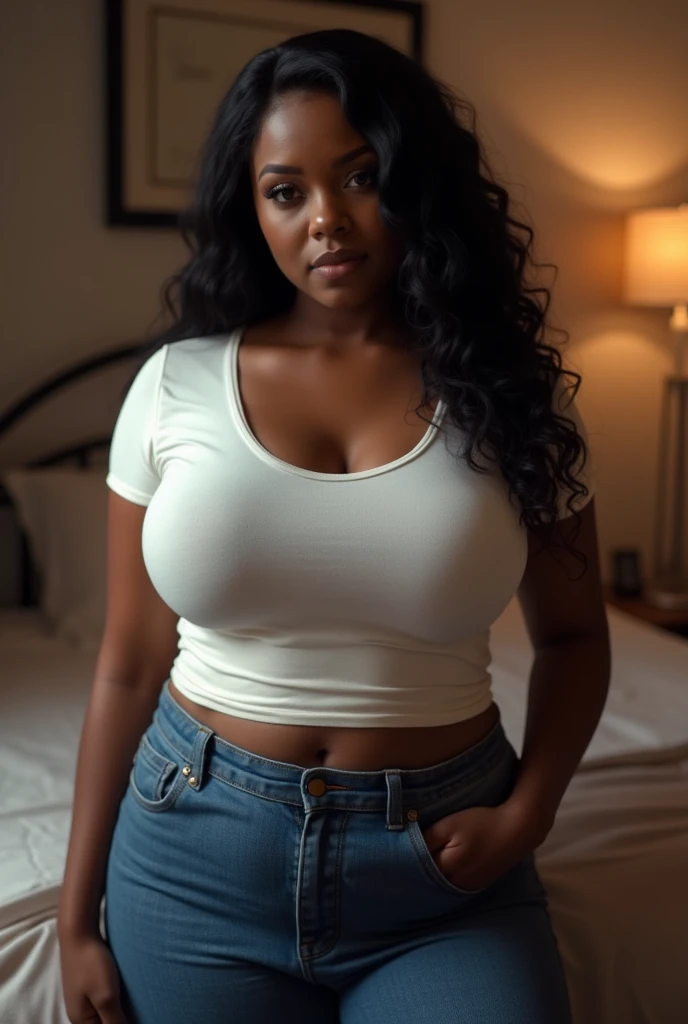 handsome and beautiful chubby black women smirking with natural brown hair half body shot wearing a black t-shirt and jeans