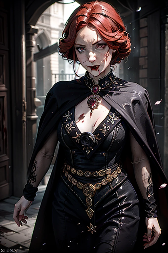 (masterpiece, best quality:1.2), <lora:orianna-18:0.7>, oriannaW3_soul3142, 1girl, short hair, red hair, long sleeves, dress, pearl necklace, hair bun, blood, fire, headband, blood on face, blood on clothes, blood on hands,