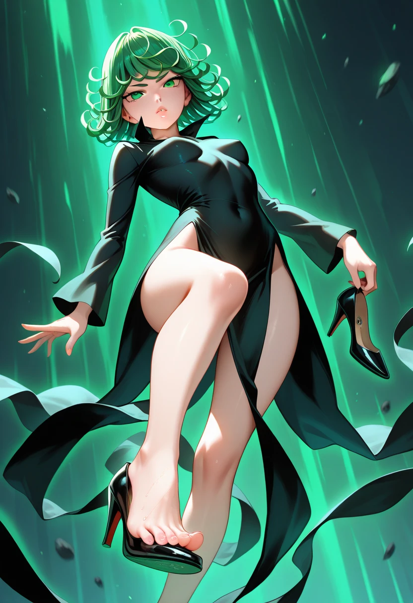 {{{tatsumaki}}}, {one punch man},
{{{{amazing quality, great quality, high quality, very aesthetic, aesthetic, best quality}}}},
realistic, photo, shadow, Three-dimensional, absurdres, Digital art,
{{{{Magical girl}}}}, beautiful girl, one girl,
green hair, shiny hair, green eyes, slanted eyes, big eyes, round eyes,
{{flat chest}}, {{small breasts}}, {{detailed body}}, slim thighs, thin thighs,
black tight dress, long skirt, {{side slit skirt}}, {{skirt with pointed hem}},
sleeves are wide open, {{{collar up, raise one's collar, dress that opens to the chest}}},
A trench coat-like dress with an upturned collar
black high heels, bare hands, {{{barefoot}}}, don't wear tights,
No panties, no bra, distress, resistance, defeat, inferiority, absurdres, aroused, sexual pleasure, troubled face, shy,
orgasm, sensitive body, Sweat, trembling, torn clothes, wet clothes, melted clothes, transparent clothes, damaged clothes, big pink cute monster attack the girl,